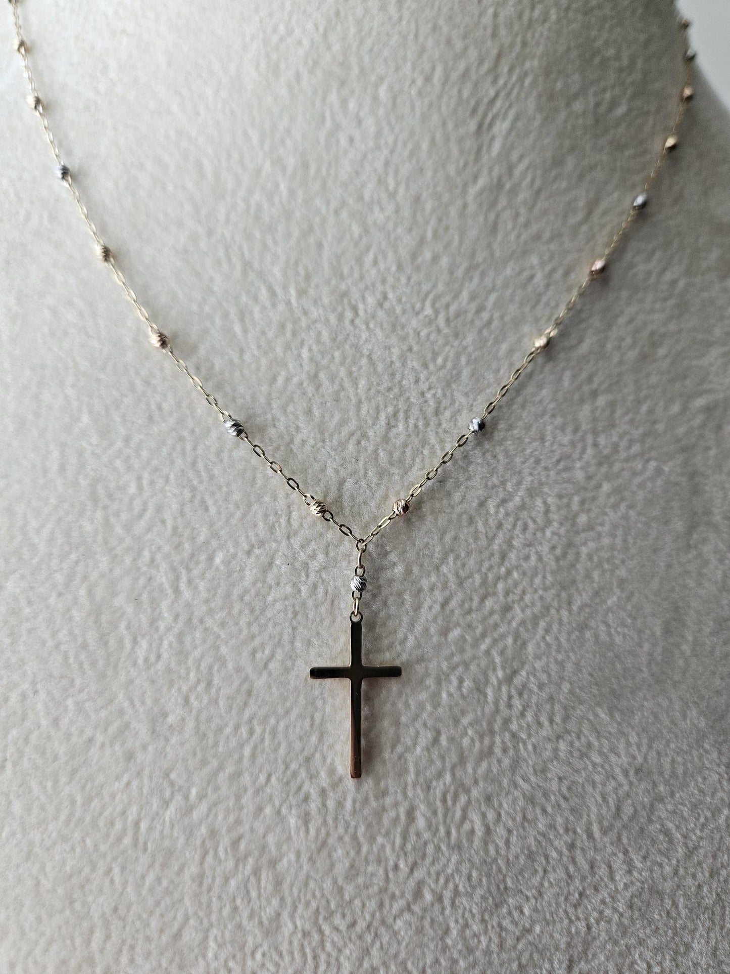 14k Gold Crucifix Necklace Cross Solid Tri Colors Beads Pendant Necklace, Minimalist Cross Jewelry, Religious Necklace, Gift for her