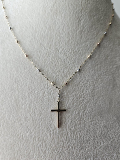 14k Gold Crucifix Necklace Cross Solid Tri Colors Beads Pendant Necklace, Minimalist Cross Jewelry, Religious Necklace, Gift for her