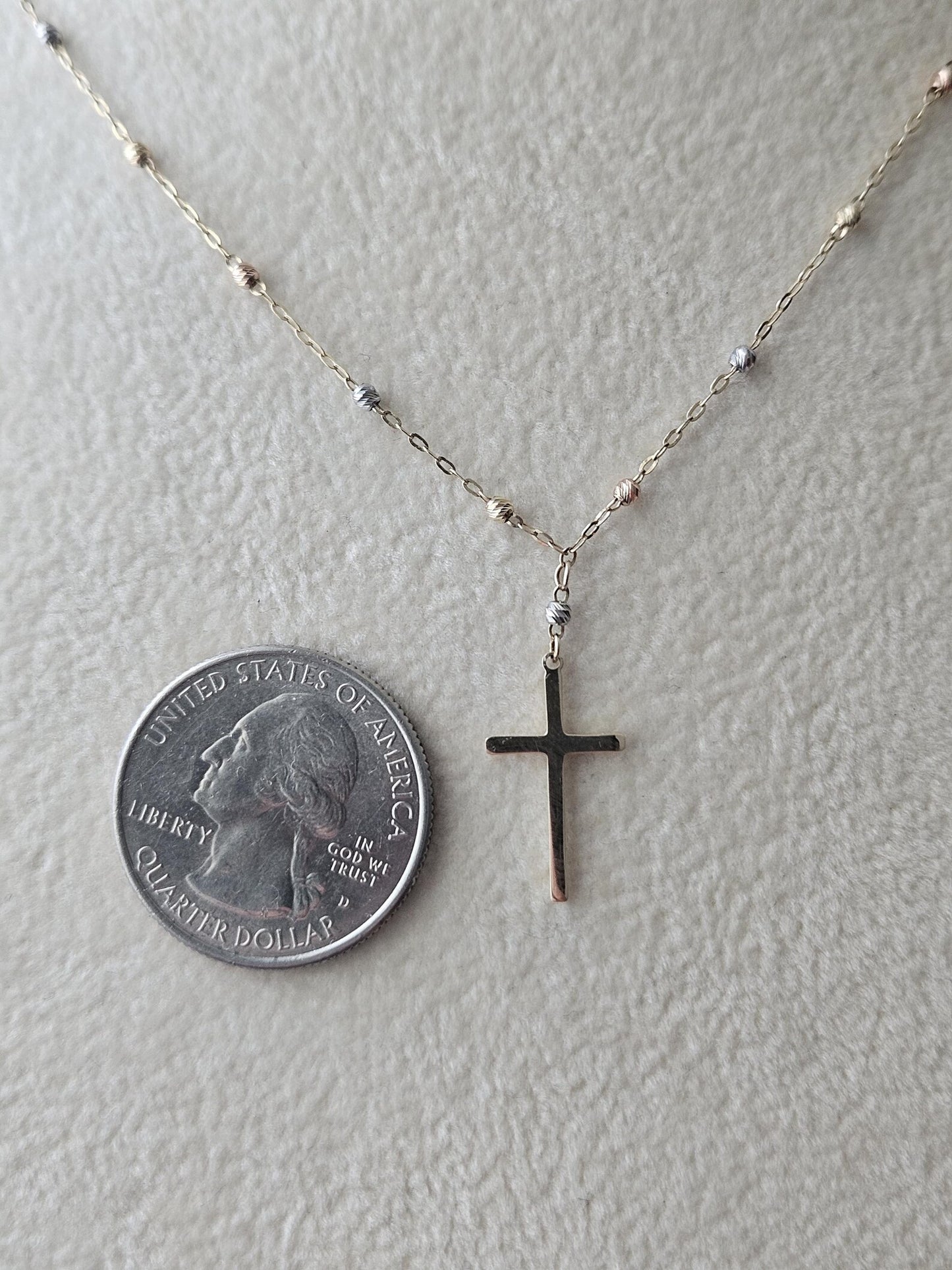 14k Gold Crucifix Necklace Cross Solid Tri Colors Beads Pendant Necklace, Minimalist Cross Jewelry, Religious Necklace, Gift for her