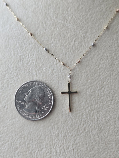 14k Gold Crucifix Necklace Cross Solid Tri Colors Beads Pendant Necklace, Minimalist Cross Jewelry, Religious Necklace, Gift for her