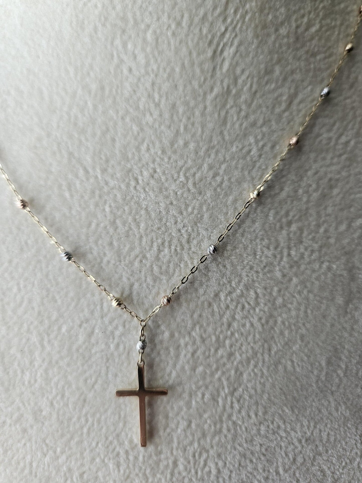 14k Gold Crucifix Necklace Cross Solid Tri Colors Beads Pendant Necklace, Minimalist Cross Jewelry, Religious Necklace, Gift for her