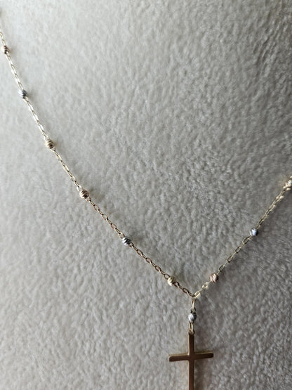 14k Gold Crucifix Necklace Cross Solid Tri Colors Beads Pendant Necklace, Minimalist Cross Jewelry, Religious Necklace, Gift for her