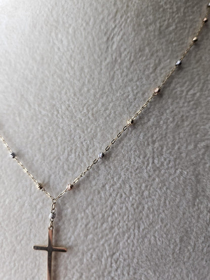 14k Gold Crucifix Necklace Cross Solid Tri Colors Beads Pendant Necklace, Minimalist Cross Jewelry, Religious Necklace, Gift for her