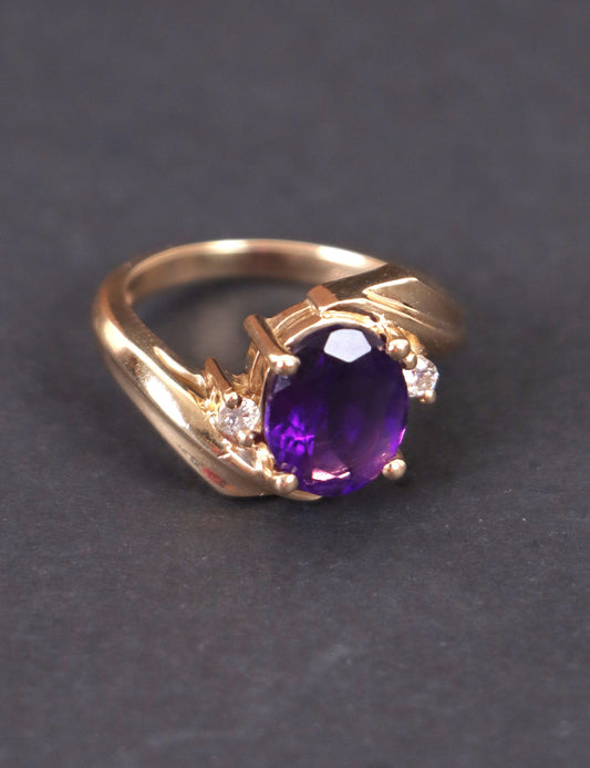 Vintage 14k Gold Ring Purple Amythest Birthstone, Natural diamond, Real Solid Yellow Gold, Perfect Gift for Mother's Day, Gift for her