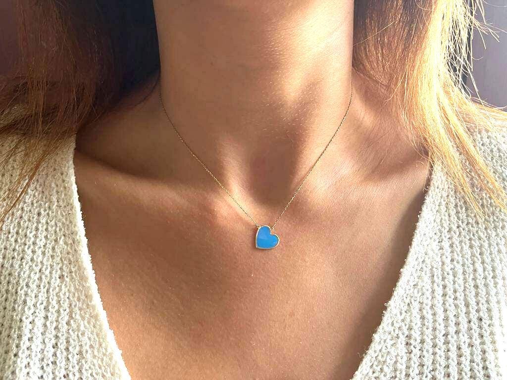 18k Gold Necklaces Blue Gold Heart Pendant, Gold Chain Heart Love Pendant, Jewelry For Womens, Necklace with gold pendant, Gift for her