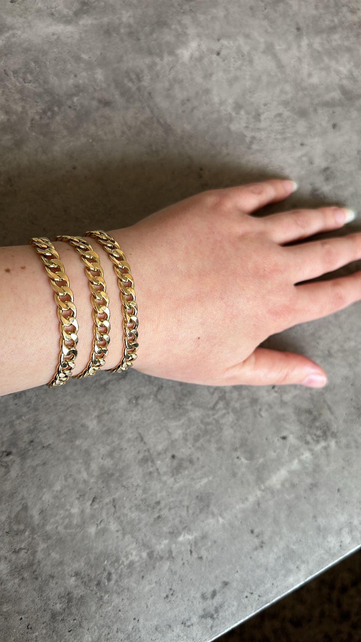 18K Curb Real Gold Chain Bracelets, Solid 18K Gold Miami Cuban Links Bracelets, 5 MM Thick Real Gold Bracelet for Him/Her, Birthday Gift!