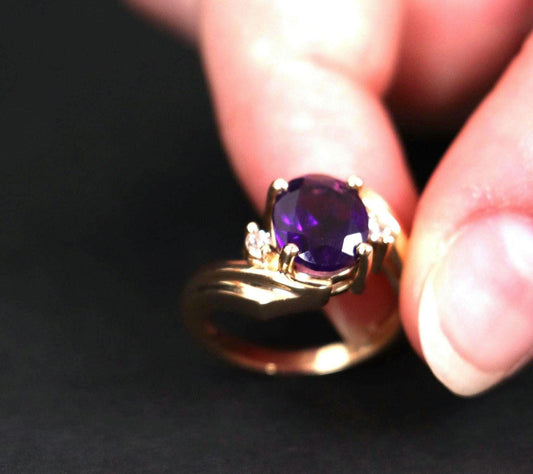 14K Vintage Amethyst Gold Ring with Deep purple Center & Clear Accents, Size 4.5 Vintage Style Cocktail Ring, Jewelry Gift for Her