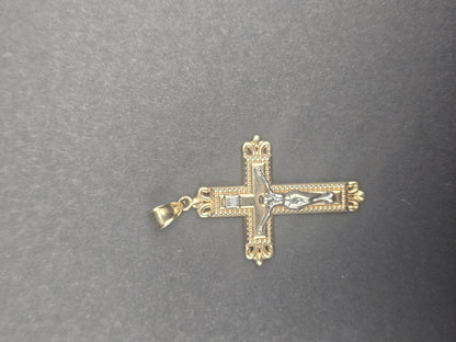 14K Cross Gold Pendant Yellow and White Solid Gold- Jesus Cross Necklace - Christian Crucifix Religious Jewelry - Handmade Gold Cross Charm
