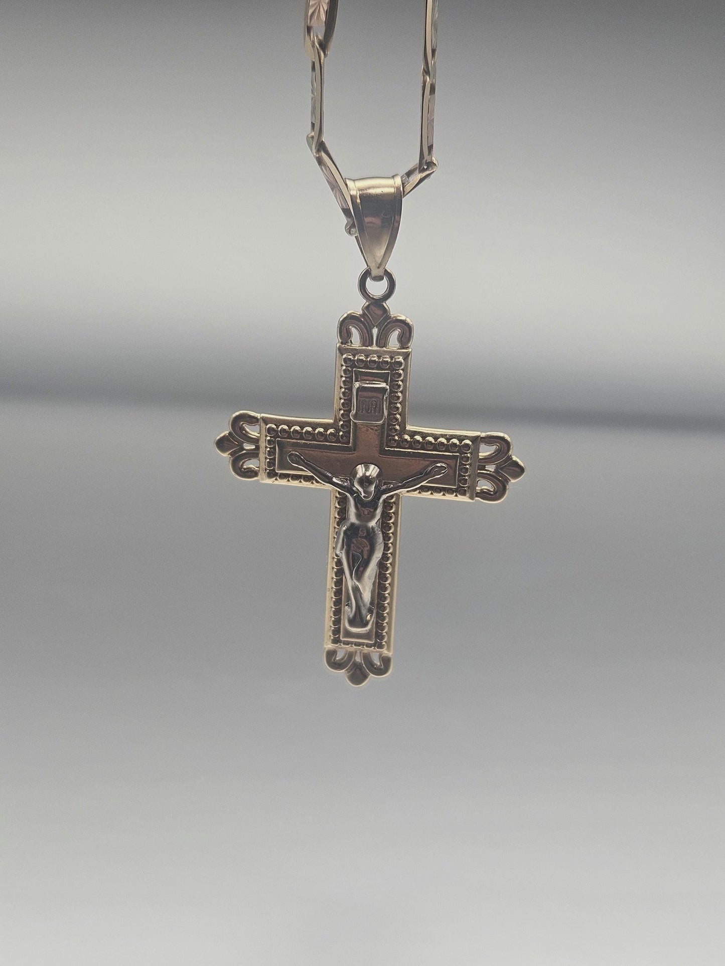 14K Cross Gold Pendant Yellow and White Solid Gold- Jesus Cross Necklace - Christian Crucifix Religious Jewelry - Handmade Gold Cross Charm