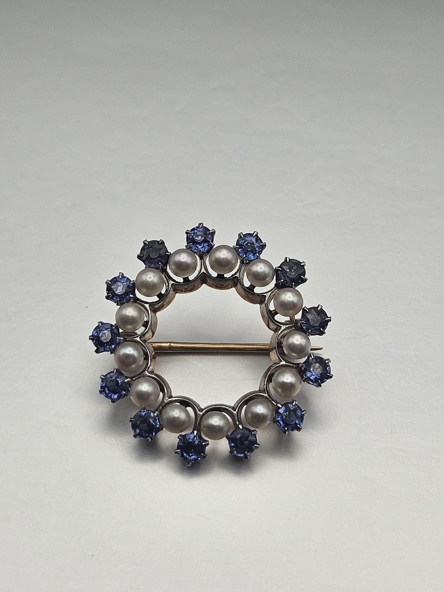 14k Gold Pin Brooch Vintage Sapphire Pearl Round Pin, Yellow Gold and White Platinum Brooch, Charm Brooch Vtg, Gift for her