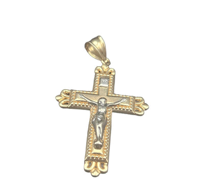 14K Cross Gold Pendant Yellow and White Solid Gold- Jesus Cross Necklace - Christian Crucifix Religious Jewelry - Handmade Gold Cross Charm