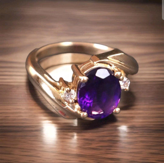 14K Vintage Amethyst Gold Ring with Deep purple Center & Clear Accents, Size 4.5 Vintage Style Cocktail Ring, Jewelry Gift for Her