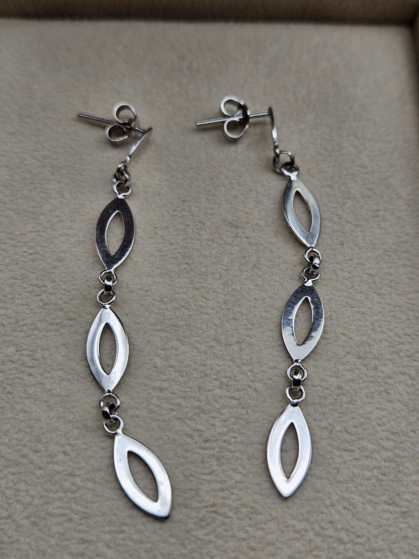 Solid 14K White Gold Modern Marquise Dangle Earrings